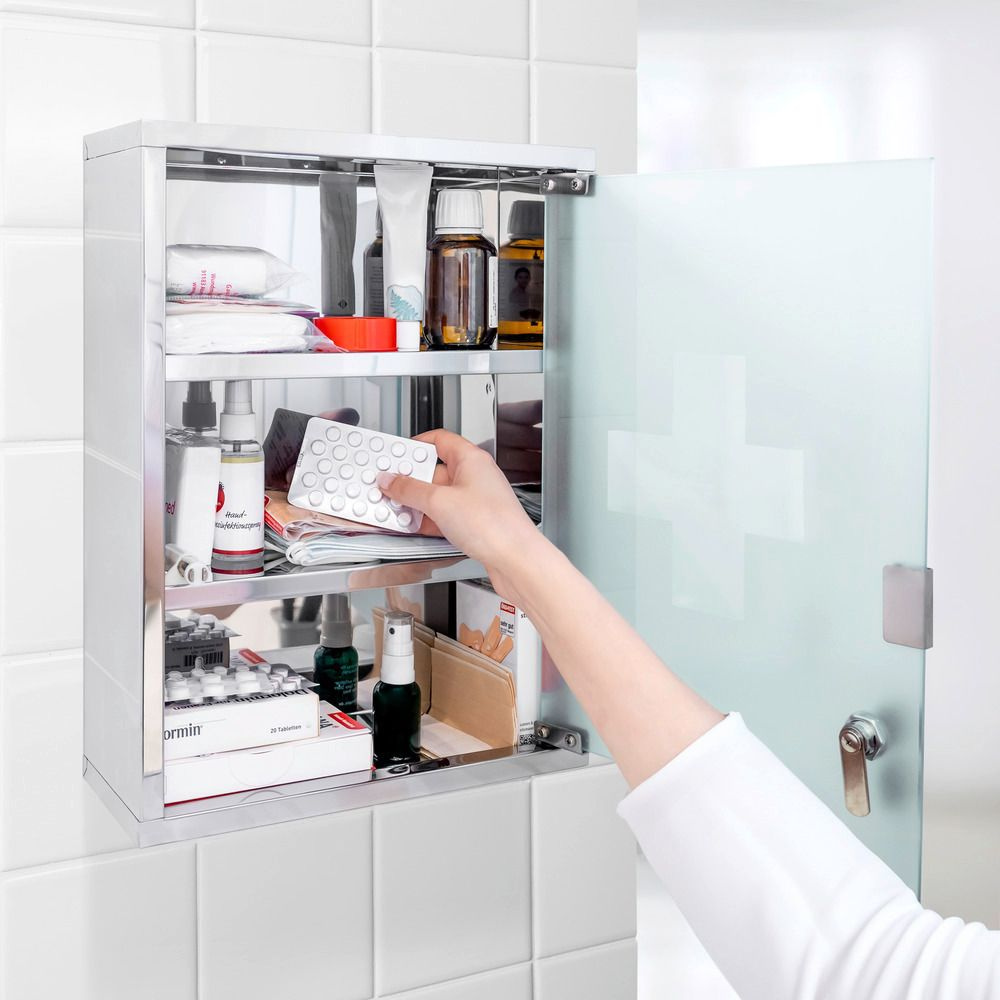 Medicine cabinet with glass door, lockable, MEDIKAMENTENSCHRANK, 30 x 12 x H 40 cm, Silver in the group Storage / Bathroom storage at SmartaSaker.se (42218)