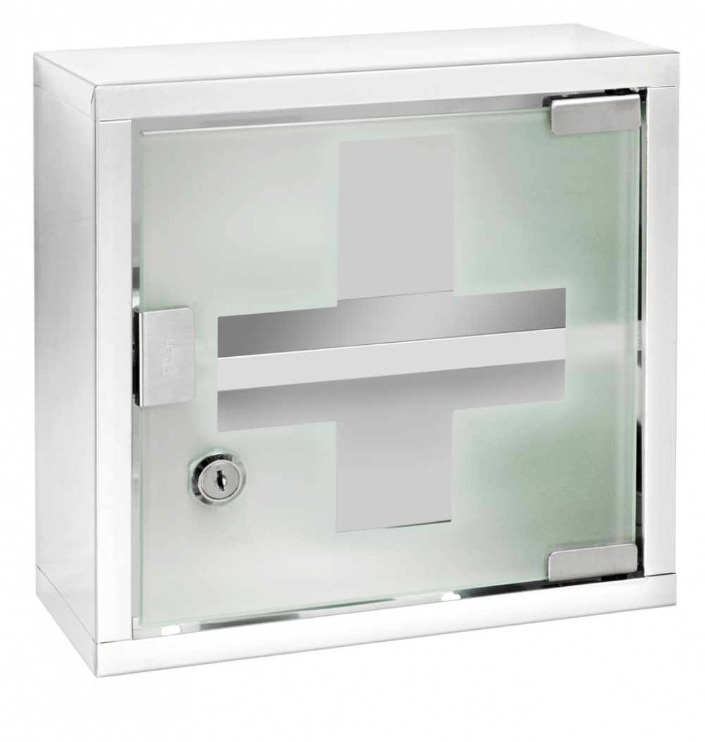 Medicine cabinet with glass door, lockable, MEDIKAMENTENSCHRANK, 25 x 12 x H 25 cm, Silver / Klar in the group Storage / Bathroom storage at SmartaSaker.se (42219)