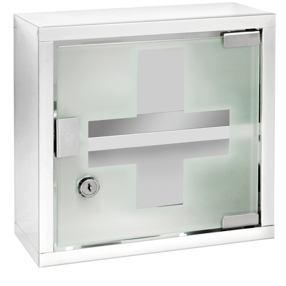Medicine cabinet with glass door, lockable, MEDIKAMENTENSCHRANK, 25 x 12 x H 25 cm, Silver / Klar in the group Storage / Bathroom storage at SmartaSaker.se (42219)