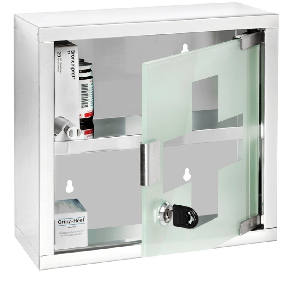 Medicine cabinet with glass door, lockable, MEDIKAMENTENSCHRANK, 25 x 12 x H 25 cm, Silver / Klar in the group Storage / Bathroom storage at SmartaSaker.se (42219)