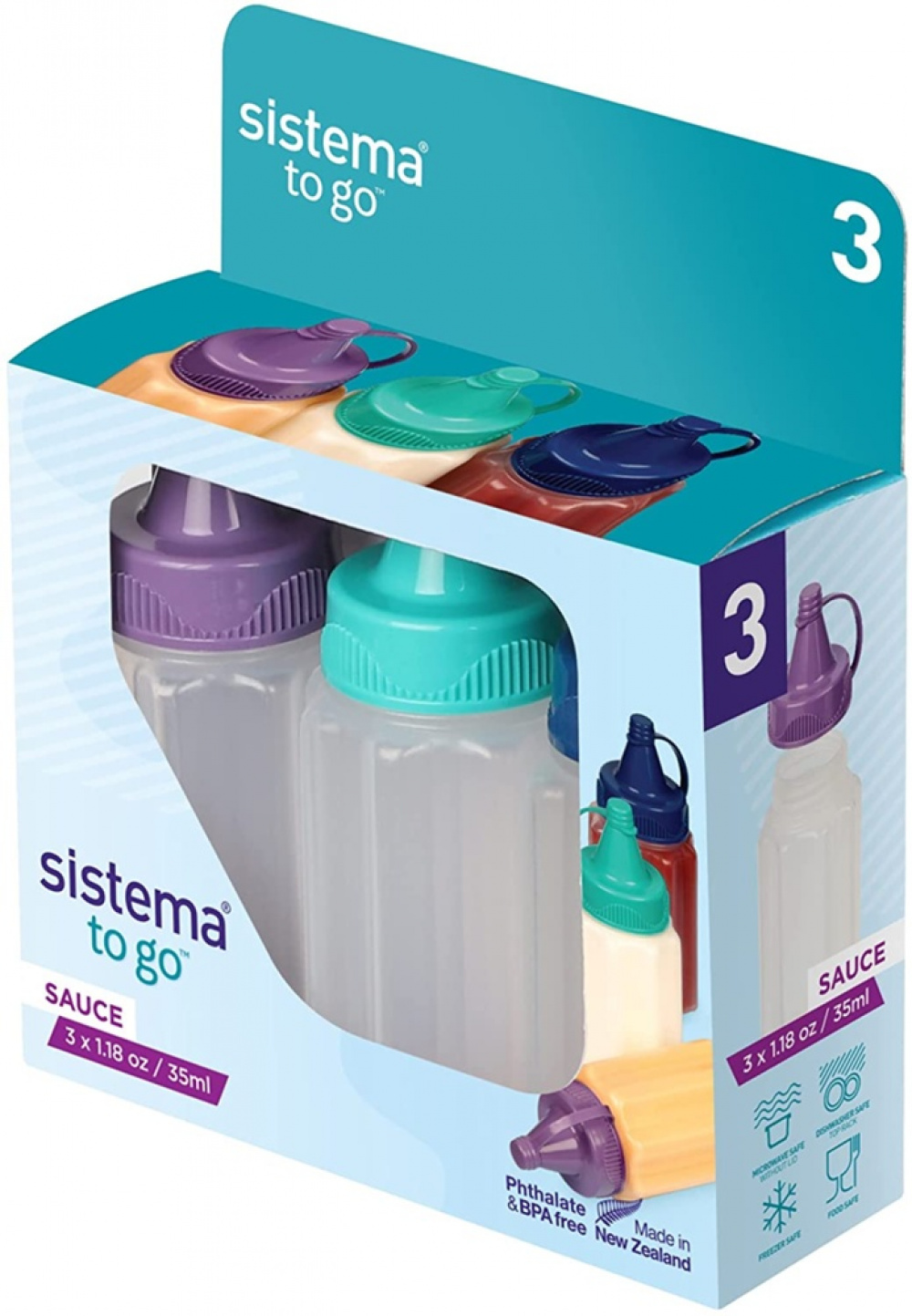 Mini bottles for sauce, 35 ml, Set of 3, SAUCE TO GO, Ø3,4 x H8 cm, Purple / Turquoise / Blue in the group Storage / Kitchen storage / Food containers at SmartaSaker.se (42270)