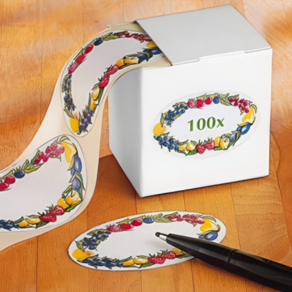 Self-adhesive labels, 100 pcs, FRUIT BORDER, 7 x 4,5 cm, White with pattern in the group Storage / Magnets and adhesives / Signs and labels at SmartaSaker.se (42499)