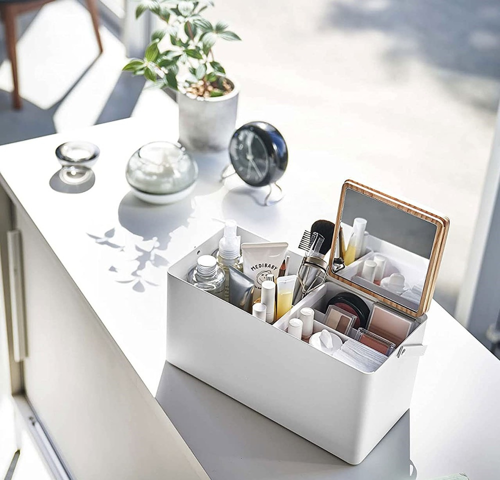 Cosmetic organizer with mirror, TOWER MAKE UP BOX, Yamazaki, White / Nature in the group Storage / Bathroom storage / Makeup storage at SmartaSaker.se (42655)