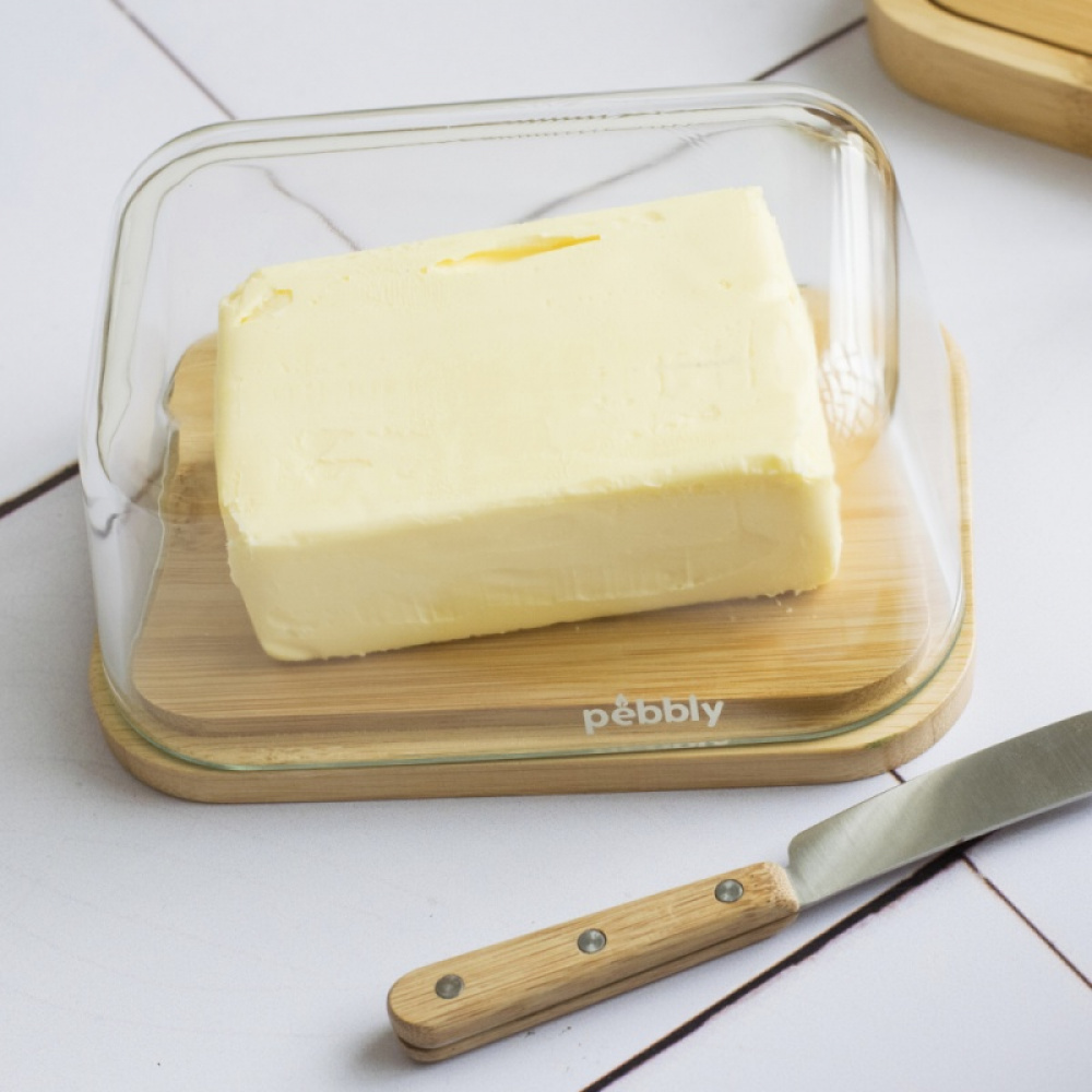 Butter Dish, Bamboo and Glass PEBBLY BEURRIER, 16,5 x 12 x H 8,5 cm, Clear / Nature in the group Storage / Kitchen storage / Fridge storage at SmartaSaker.se (42718)