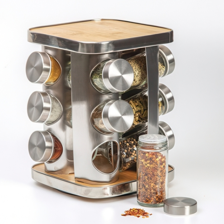 Rotating Spice Rack, BAMBOO SPIZE ORGANIZER, 17 x 17 x H 23 cm , Silver / Nature in the group Storage / Kitchen storage / Kitchen cabinet organizers / Spice racks at SmartaSaker.se (42753)