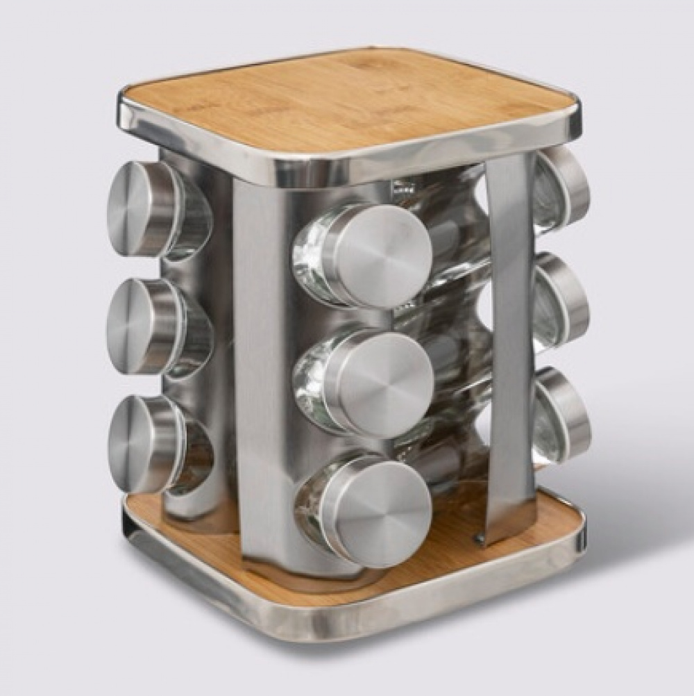 Rotating Spice Rack, BAMBOO SPIZE ORGANIZER, 17 x 17 x H 23 cm , Silver / Nature in the group Storage / Kitchen storage / Kitchen cabinet organizers / Spice racks at SmartaSaker.se (42753)