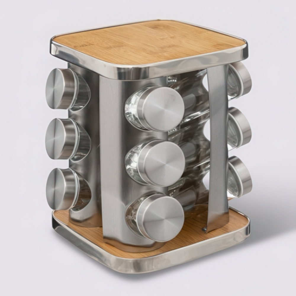 Rotating Spice Rack, BAMBOO SPIZE ORGANIZER, 17 x 17 x H 23 cm , Silver / Nature in the group Storage / Kitchen storage / Kitchen cabinet organizers / Spice racks at SmartaSaker.se (42753)