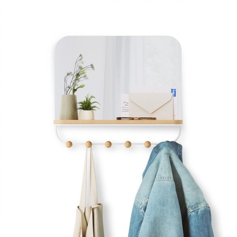  Mirror with Shelf and hooks, ESTIQUE, Umbra, 46 x 10 x H 41 cm, White / Nature in the group Storage / Hallway storage / Hooks and hangers at SmartaSaker.se (42795)