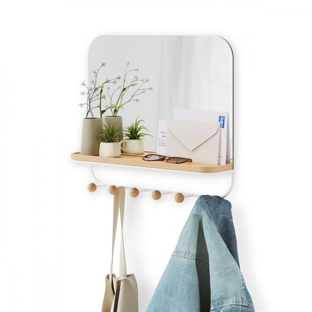  Mirror with Shelf and hooks, ESTIQUE, Umbra, 46 x 10 x H 41 cm, White / Nature in the group Storage / Hallway storage / Hooks and hangers at SmartaSaker.se (42795)