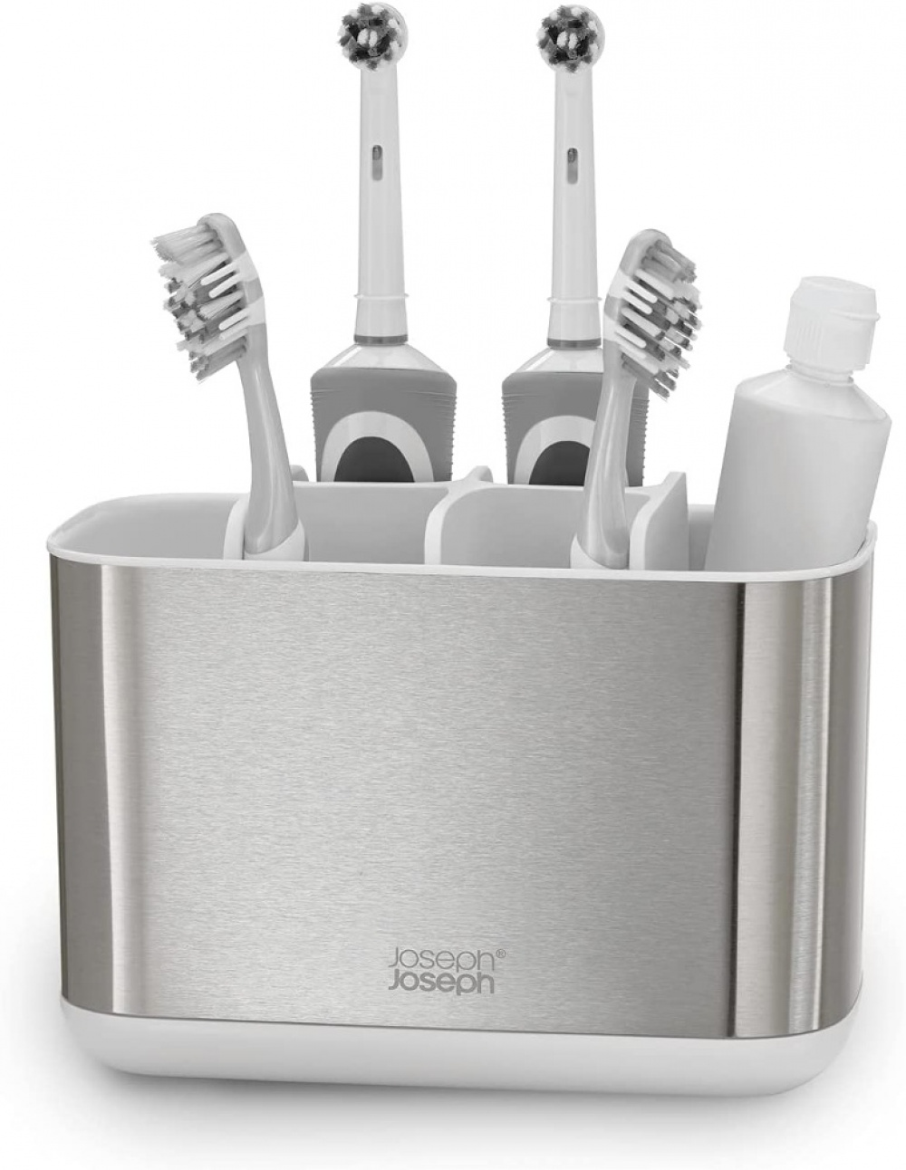 Organiser for electric toothbrushes, EASY STORE STEEL, 25 x 12 x H 11,6, Joseph Joseph, Stainless Steel / White in the group Storage / Bathroom storage at SmartaSaker.se (42862)