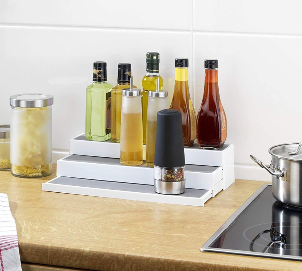 Mini-shelf with 3 extendable shelves, STEPS, white / grey in the group Storage / Kitchen storage / Kitchen cabinet organizers at SmartaSaker.se (42994)