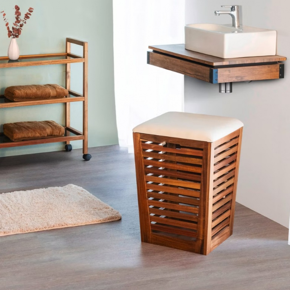 Stool in acacia with storage, FONDI, 40 x 40 x H 56 cm, Brown / offwhite in the group Storage / Laundry and care / Laundry baskets at SmartaSaker.se (43090)