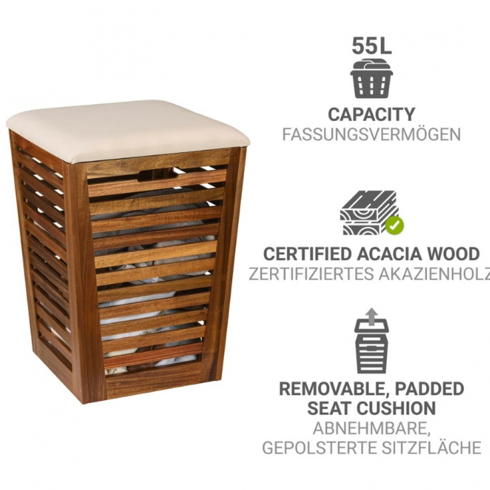 Stool in acacia with storage, FONDI, 40 x 40 x H 56 cm, Brown / offwhite in the group Storage / Laundry and care / Laundry baskets at SmartaSaker.se (43090)