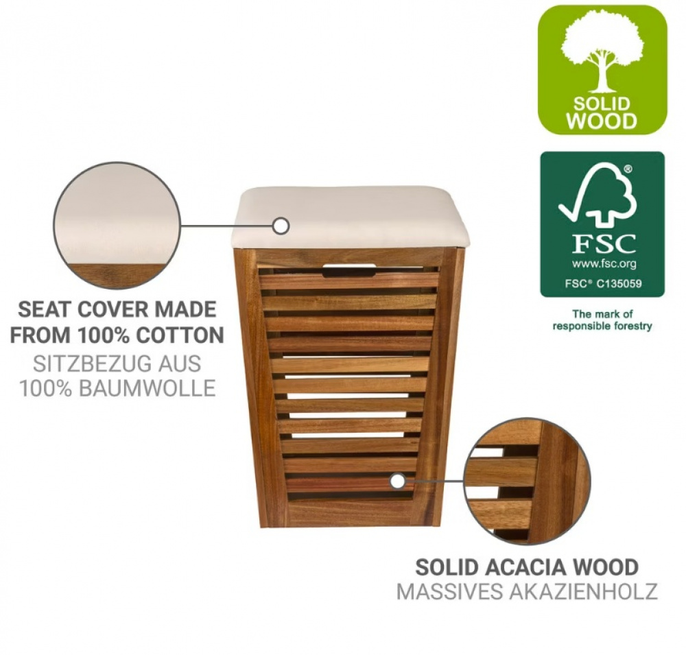 Stool in acacia with storage, FONDI, 40 x 40 x H 56 cm, Brown / offwhite in the group Storage / Laundry and care / Laundry baskets at SmartaSaker.se (43090)