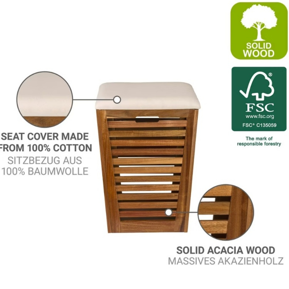 Stool in acacia with storage, FONDI, 40 x 40 x H 56 cm, Brown / offwhite in the group Storage / Laundry and care / Laundry baskets at SmartaSaker.se (43090)