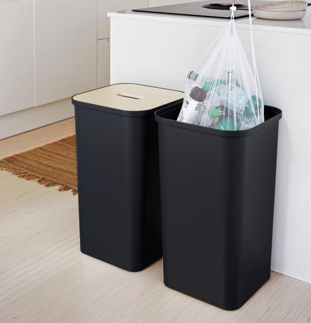 Laundry Basket, 53 L, SMARTSTORE COLLECT, 36 x 36 x H 58 cm, Black / wood in the group Storage / Laundry and care / Laundry baskets at SmartaSaker.se (43099)
