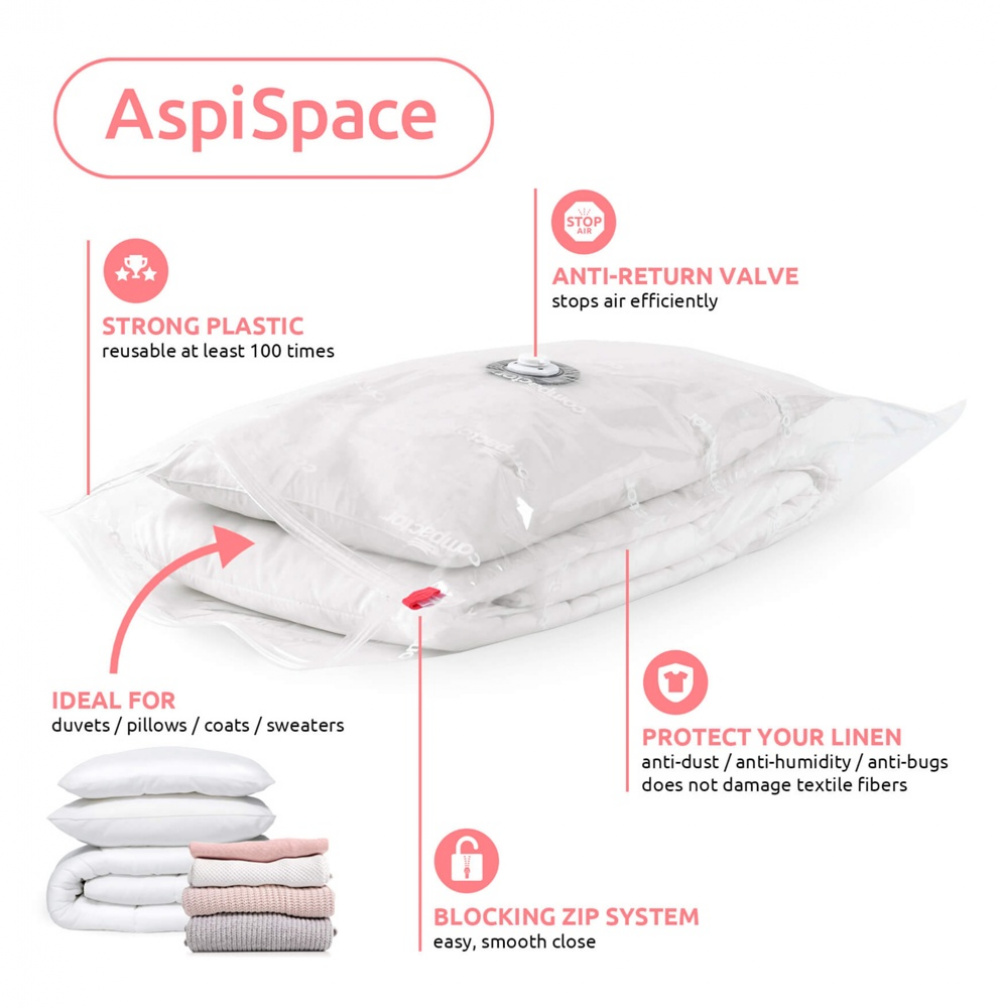 Vacuum bags, Flat, Large, LARGE ASPISPACE, 100 x 80 cm, Clear in the group Storage / Wardrobe storage / Vacuum storage / Compact vacuum bags at SmartaSaker.se (43179)