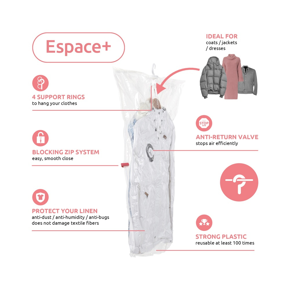 Vacuum bag with hanger, ESPACE SHORT, 70 x 105 cm, Transparent in the group Storage / Wardrobe storage / Vacuum storage / Hanging vacuum bags at SmartaSaker.se (43188)